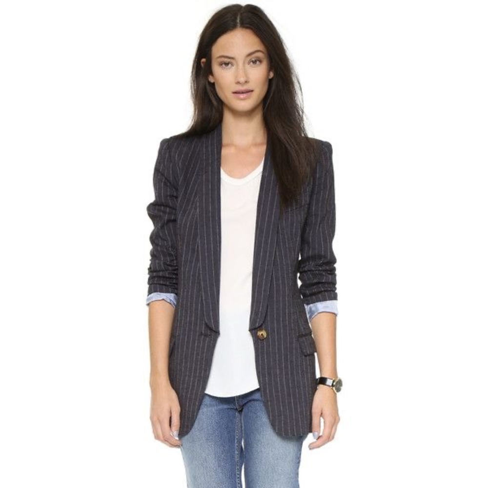 SMYTHE Long Shawl Collar Blazer in Black Fade Pinstripe